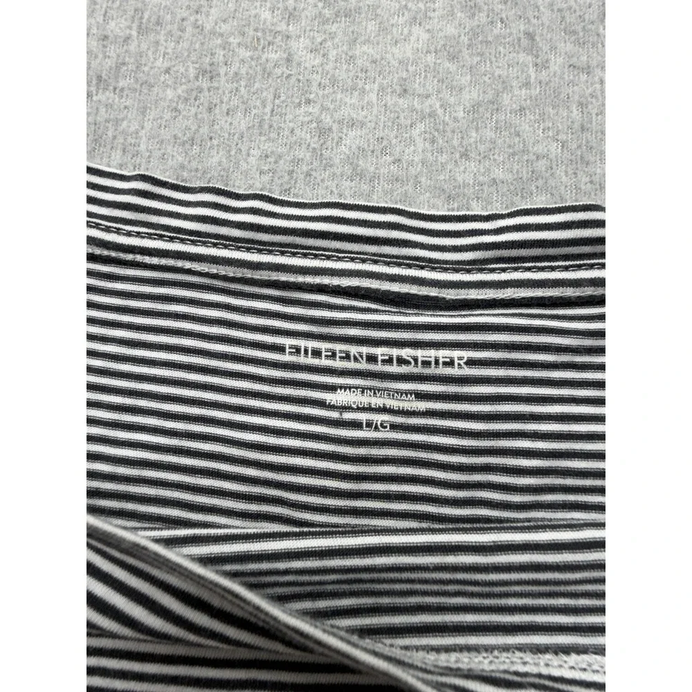 Eileen Fisher T-Shirt Womens Large Black Stripe Boat Neck Organic Cotton Dolman